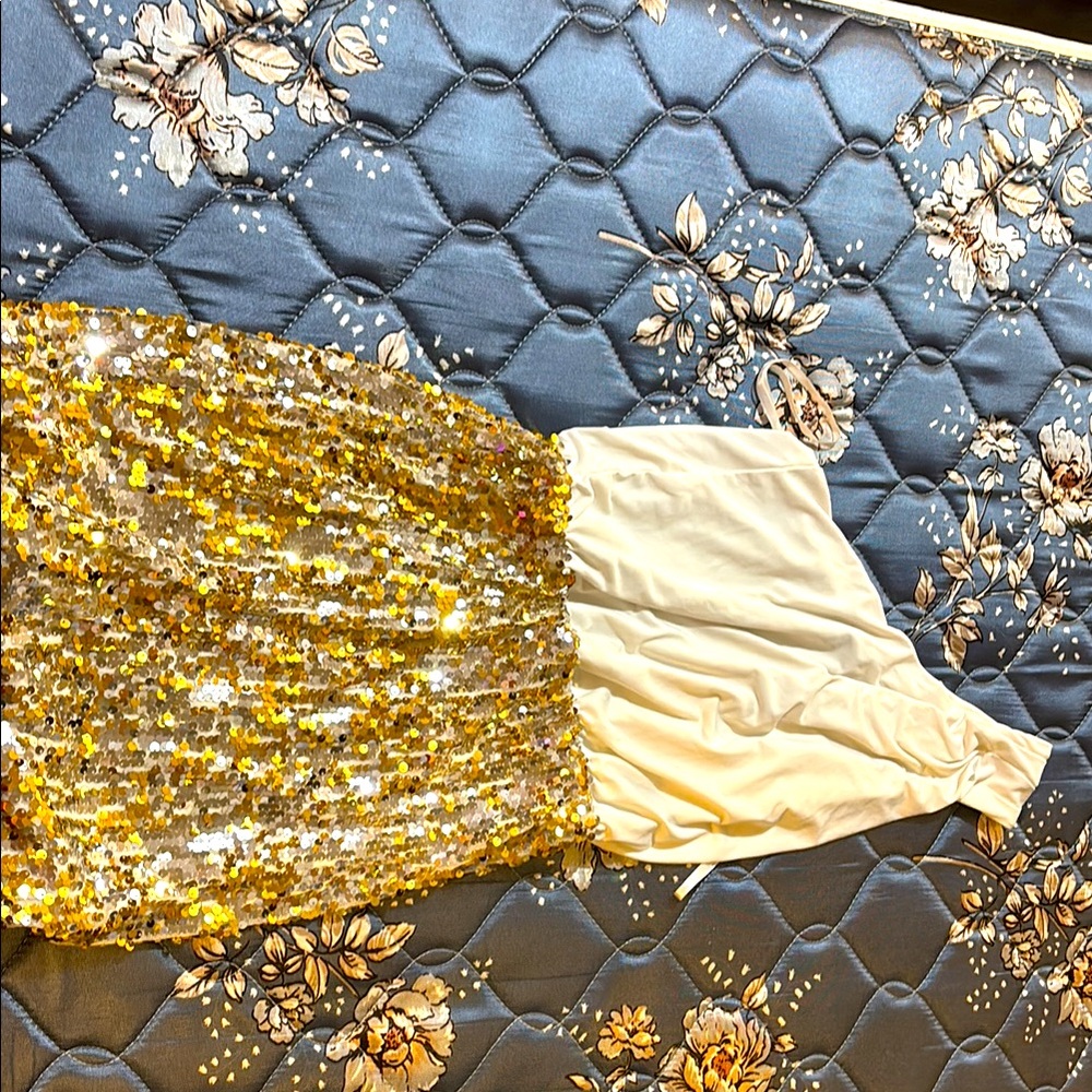 City Triangles Gold and Cream Sequin One Shoulder Midi Dress